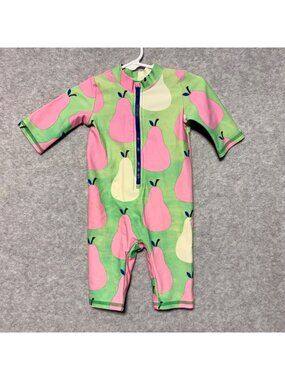 Baby Boden Baby Swimsuit 6-12M Zippered Pink & Green Pear Print Rash Guard